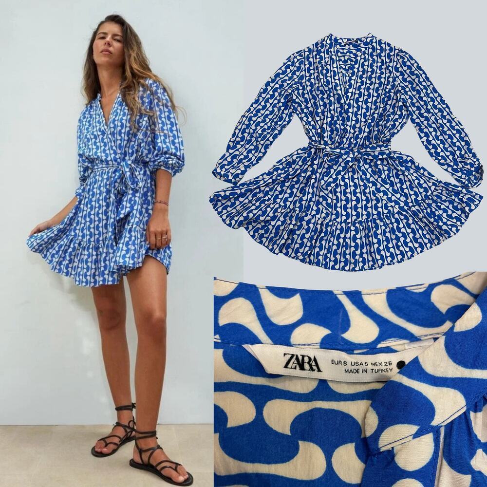 ZARA S Blue & White Swirl Print Wrap Dress | Belted, Long Sleeve, Pleated Hem